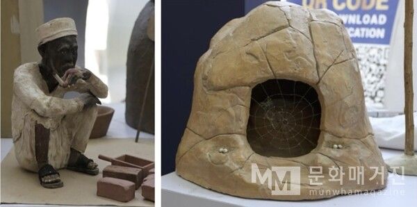 ▲ 전시된 물품. 앉아서 음식을 먹는 농촌 남성과 전통 화덕을 형상화한 작품으로, 소박한 일상과 사라져가는 생활 도구를 보여준다 / 사진: 한민광 제공
