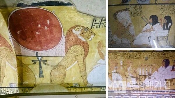 ▲ 룩소르 노동자의 마을 이네르카의 무덤. 이네르카 무덤의 벽화에는 태양을 상징하는 원반과 이를 지키는 사자, 그리고 음악과 잔치 장면이 함께 그려져 있다. 죽은 자가 사후 세계에서도 빛과 풍요 속에서 영원히 살기를 바라는 고대 이집트인의 소망이 담겨 있다 / 사진: 한민광 제공