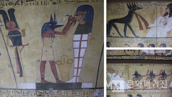 ▲ 룩소르 노동자의 마을 이네르카의 무덤. 이 벽화에는 아누비스 신이 죽은 자를 맞이하고 심판에 동행하는 장면이 묘사되어 있다. 사자의 영혼이 사후 세계로 인도되는 고대 이집트의 믿음을 잘 보여준다 / 사진: 한민광 제공