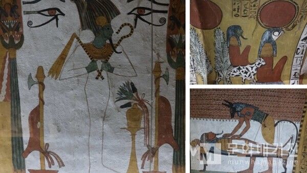 ▲ 룩소르 노동자의 마을 센누템의 무덤. 센누템 무덤의 벽화에는 죽음과 부활의 신 오시리스, 미라를 준비하는 아누비스 신, 그리고 죽은 자를 보호하는 신들이 함께 등장한다. 이는 고대 이집트인들의 사후 세계에 대한 믿음과 영생에 대한 소망을 상징적으로 보여준다 / 사진: 한민광 제공