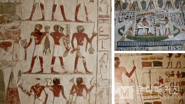 ▲ 룩소르 귀족의 무덤들. 이 벽화에는 하인들이 귀족 주인에게 음식을 바치고 시중드는 장면이 묘사되어 있다. 이를 통해 고대 이집트 귀족 사회의 위계 질서와 일상의 단면을 엿볼 수 있다 / 사진: 한민광 제공