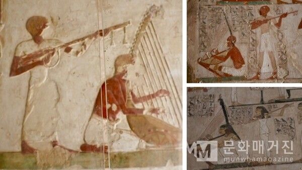 ▲ 룩소르 귀족의 무덤 Rakhmire TT-100. 이 벽화에는 하프와 플루트를 연주하는 악사들의 모습이 생생하게 그려져 있다. 음악이 고대 이집트 귀족 사회의 잔치와 의식에서 중요한 역할을 했음을 보여준다 / 사진: 한민광 제공