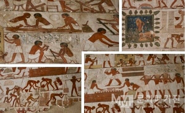 ▲ 룩소르 귀족의 무덤 Rakhmire TT-100. 이 벽화에는 노예들이 진흙을 이기고 벽돌을 만드는 장면이 세밀하게 묘사되어 있다. 흙을 나르고, 물을 섞고, 틀에 넣어 벽돌을 찍어내는 과정이 마치 공정도처럼 이어진다. 고대 이집트인들이 일상의 노동을 예술 속에 담아낸 사실은 그들의 현실적 삶과 예술적 감각을 동시에 보여준다 / 사진: 한민광 제공