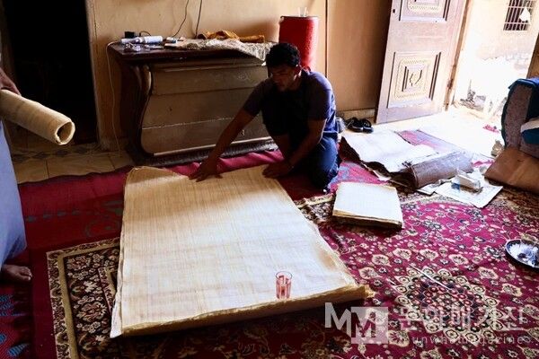 ▲ 말린 파피루스 종이를 한 장씩 정리하며 마무리 작업을 하고 있다. 이제 고대의 종이가 다시 생명을 얻어 글과 그림을 담을 준비를 마쳤다 / 사진: 한민광 제공