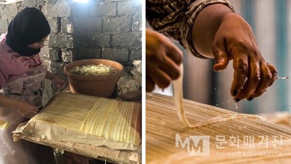 ▲ 파피루스 섬유를 한 장씩 곧게 펴서 겹겹이 올려놓는 작업이 진행된다. 이렇게 배치된 섬유들은 압착과 건조를 거쳐 단단한 종이로 변한다 / 사진: 한민광 제공