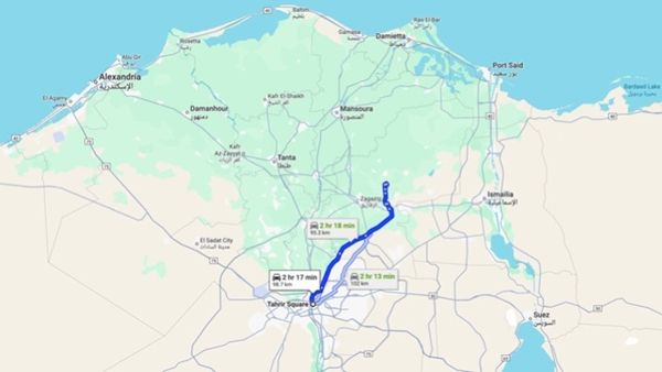 ▲ 이 지도는 카이로 중심의 타흐리르 광장(Tahrir Square)에서 나일 델타 지역의 알-카라무스(Al-Qaramous) 마을까지 가는 경로를 보여준다. 자동차로 약 2시간 15분 정도 소요되는 길이다 / 사진: 구글 맵스&nbsp;