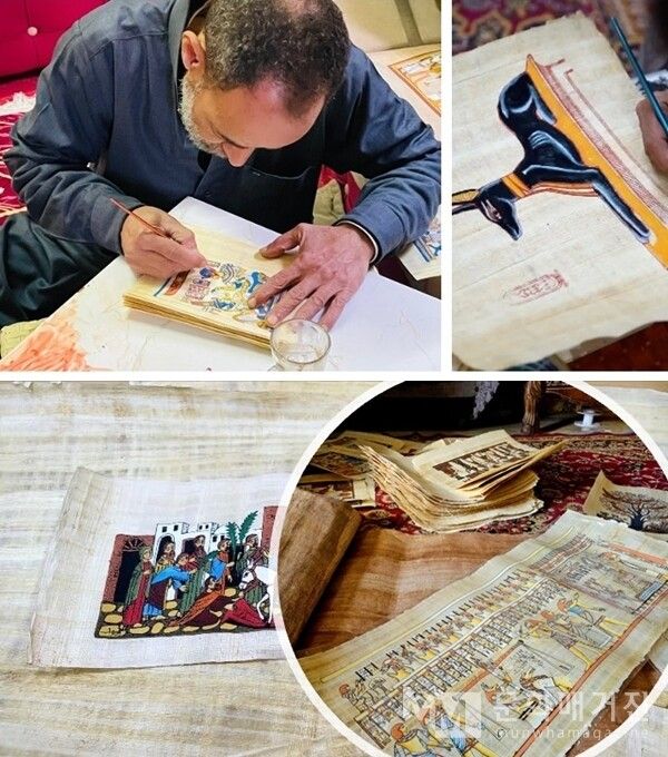 ▲ 노년의 예술가가 완성된 파피루스 위에 정교한 그림을 그리고 있다. 고대와 현대가 한 장의 종이 위에서 조용히 만나는 순간이다 / 사진: 한민광 제공