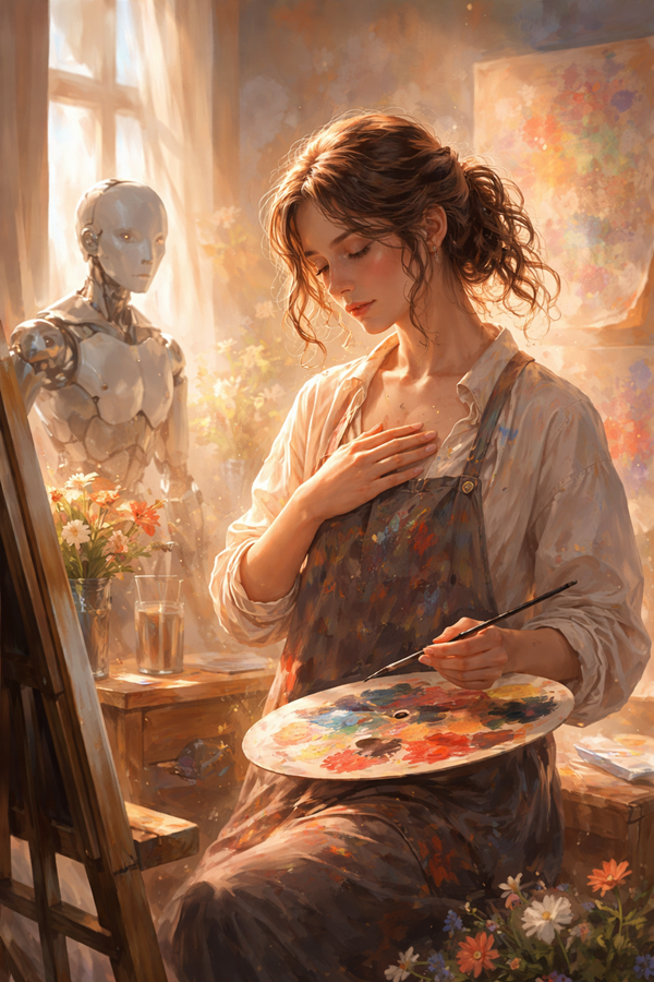 ▲ 인간 예술가의 역할 변화, 감정을 느끼는 존재의 가치 CHAT GPT 생성 이미지