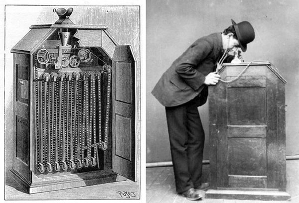 ▲ 에디슨의 키네토스코프와 키네토스코프로 영화를 보는 모습