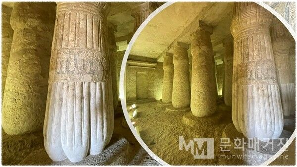 ▲ 무덤 내부를 지탱하는 연꽃 봉우리 모양의 기둥들. 차가운 돌이지만 식물의 생명력을 머금고 있는 듯 하다 / 사진: 한민광 제공