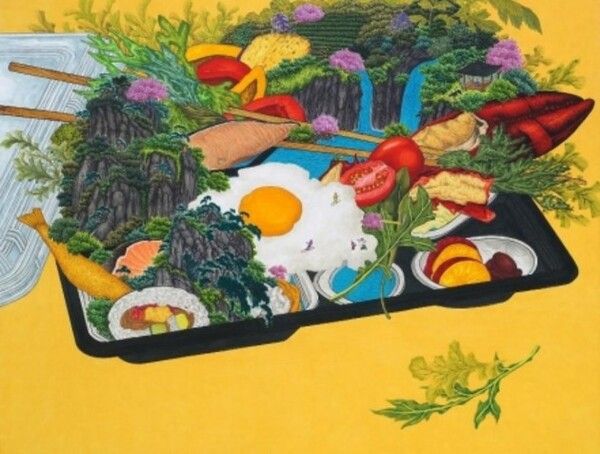 ▲ lunch box, 131×162cm, ink and Acrylic on paper, 2021 / 사진: 한솥 아트스페이스 제공&nbsp;
