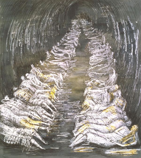 ▲ Tube Shelter Perspective, 1941. © Henry Moore. Photo: Tate