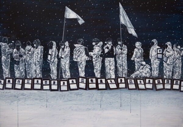 ▲ 박정원, 삼성반도체 본사 앞, 캔버스에 유채, 80.3×116.8cm, 2025 / 사진: 부산민주항쟁기념사업회 제공&nbsp;