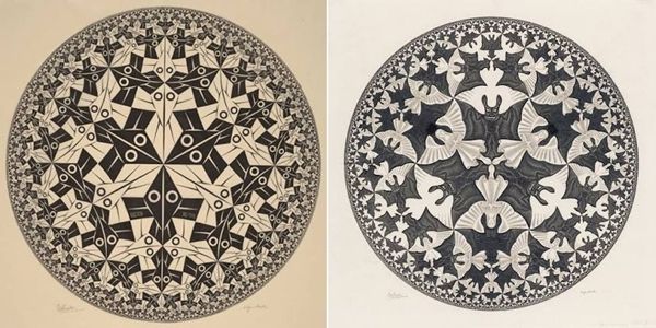 ▲ M.C. 에셔(M.C. Escher), '원의 극한 I (Circle Limit I)(左)', '원의 극한 4: 천국과 지옥(Circle Limit IV: Heaven and Hell)'(右)