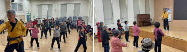 세계어린이태권도연맹 경락품세 지도단장 최재균 사범(74세)이 전주시 덕진구 소재 공립 안골노인복지관원 40명을 대상으로 태권도 기본동작과 경락품세를 지도하고 있다/사진=세계어린이태권도연맹 제공