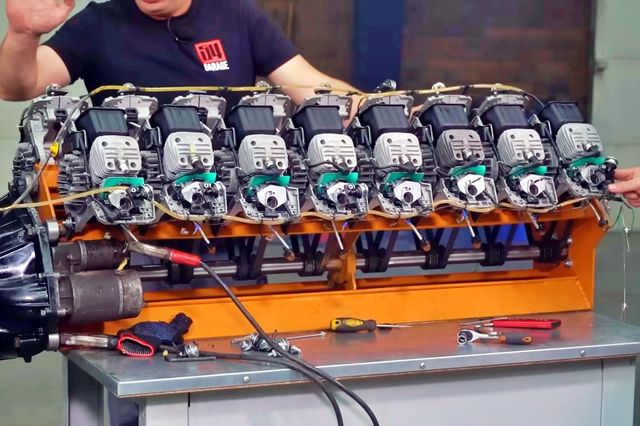 ▲기계톱으로 만든 V16 엔진과 이를 탑재할 라다 지굴리(사진=유튜브 'Garage 54')