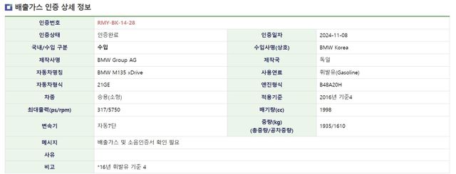 ▲M135 x드라이브 배출가스 인증 정보(사진=BMW)
