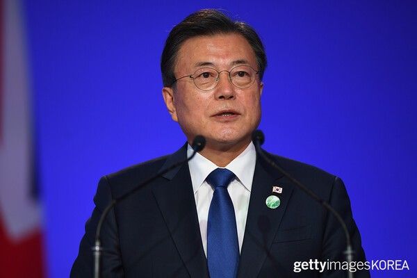 ▲21년 영국 글래스고의 SECC에서 열린 '제26차 유엔기후변화협약 당사국총회(COP26)'에서 연설 중인 문 전 대통령 (사진= gettyimagesKOREA)&nbsp;
