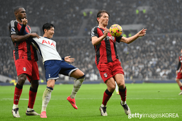 ▲손흥민의 슈팅을 막는 풀럼의 이사 디오프와 샌더 베르게 (사진= gettyimagesKOREA)
