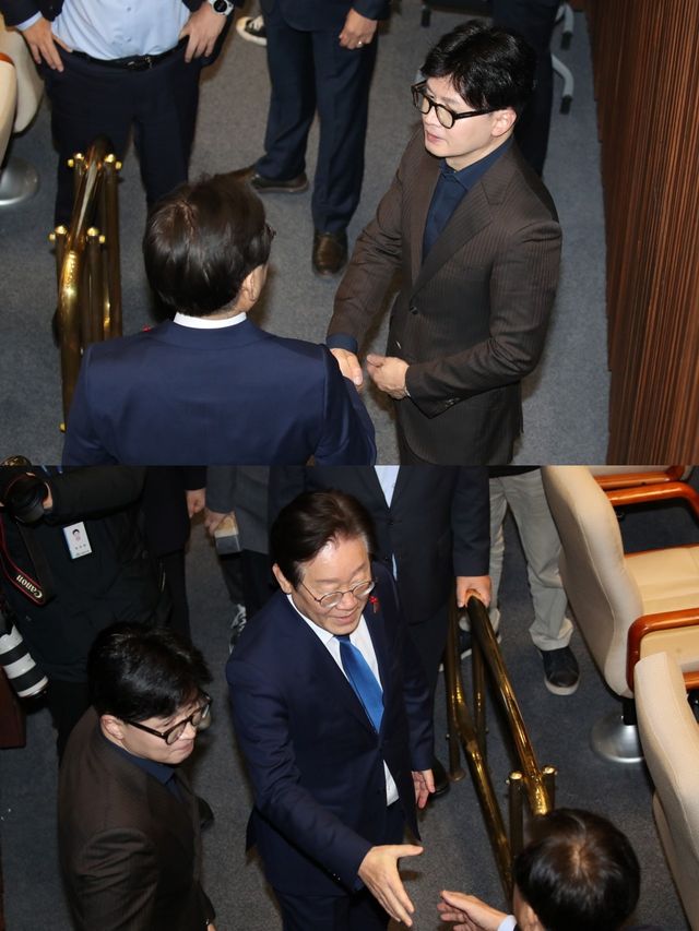 ▲ 4일, 국회 본회의장에서&nbsp;인사를 나누는 이재명 - 한동훈 (사진=뉴스1)