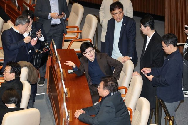 ▲ 4일, '비상 계엄 해제 요구' 결의안을 앞두고 심각한 표정으로 의원들과 대화하는 한동훈 국민의힘 대표 (사진=뉴스1)