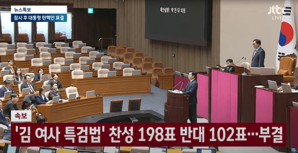 ▲국회 본회의에서 세 번째 재표결을 겪은 '김건희 특검법' 지난 7일 부결 (사진=JTBC NEWS)