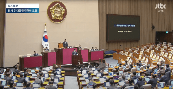 ▲윤 대통령에 대한 탄핵소추안이 상정되자 집단으로 퇴장한 국민의힘 (사진=JTBC NEWS)