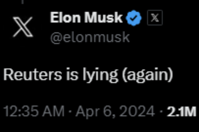 ▲로이터 통신 보도에 일론 머스크가 X에 남긴 게시물(사진=일론 머스크 X)