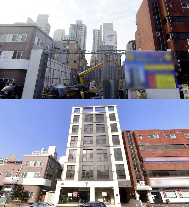 ▲암사동 건물 신축 전, 신축 후 (사진=네이버 지도)