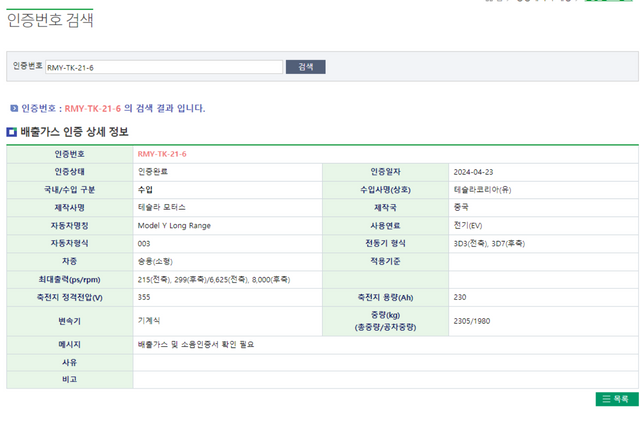 ▲테슬라 모델 Y 롱 레인지 19인치 휠 사양 인증 정보(사진=KENSIS)
