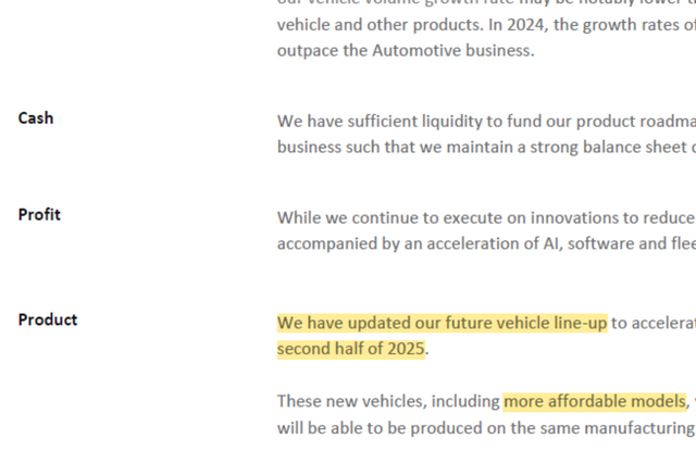 ▲테슬라 2024 1분기 실적 발표 자료 중 일부. '2025년 하반기'와 '보다 저렴한 차종(more affordable models)'이 눈에 띈다.(사진=테슬라 실적 자료)