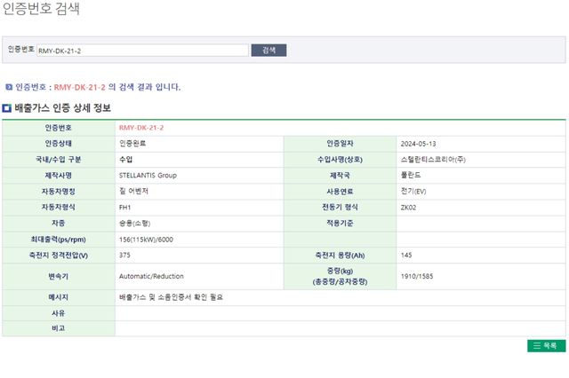 ▲지프 어벤저 배출가스 인증 상세 정보(사진=KENCIS)