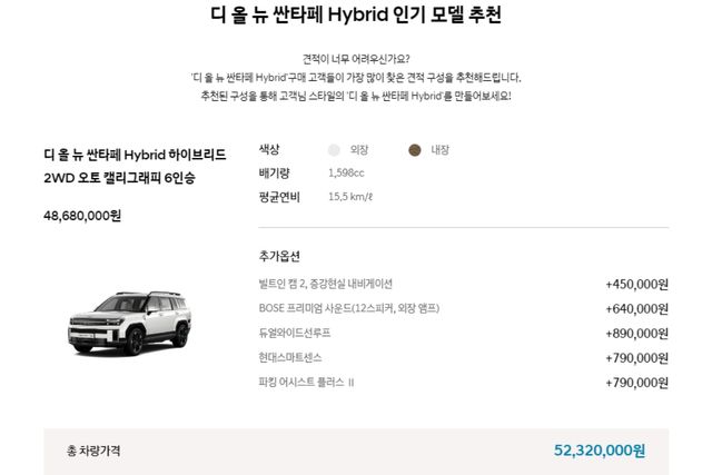 ▲현대차가 추천하는 싼타페 하이브리드 견적(사진=현대차 홈페이지)