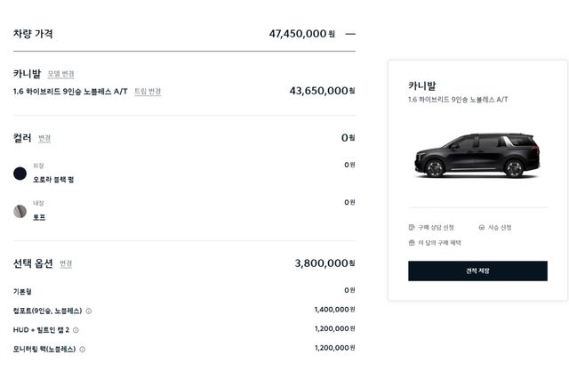 ▲카니발 하이브리드 9인승 가성비 위주 사양 구성 및 가격(사진=기아 홈페이지)