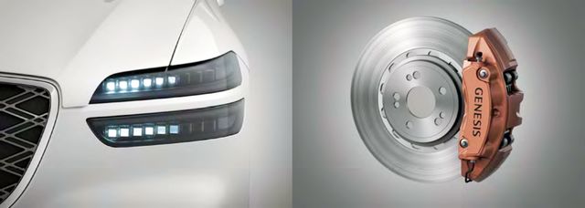 ▲GV70에 기본 적용한 다이내믹 웰컴 라이트와 전륜 4P 모노블럭 브레이크(사진=제네시스)