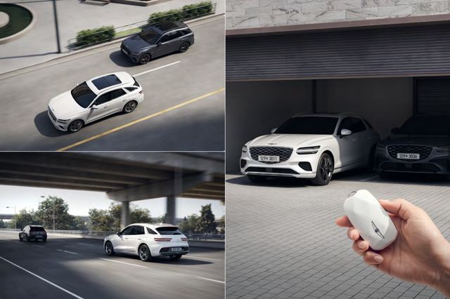 ▲GV70에 적용한 주요 운전자 보조 시스템 설명. 오른쪽부터 시계 방향으로 원격 스마트 주차 보조 2, 고속도로 주행 보조 2, 후측방 충돌방지 보조.(사진=제네시스)