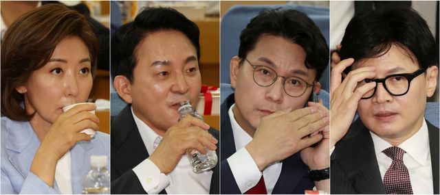 ▲(왼쪽부터)나경원 의원, 원희룡 전 국토교통부 장관, 윤상현 의원, 한동훈 전 국민의힘 비상대책위원장(사진=연합뉴스)