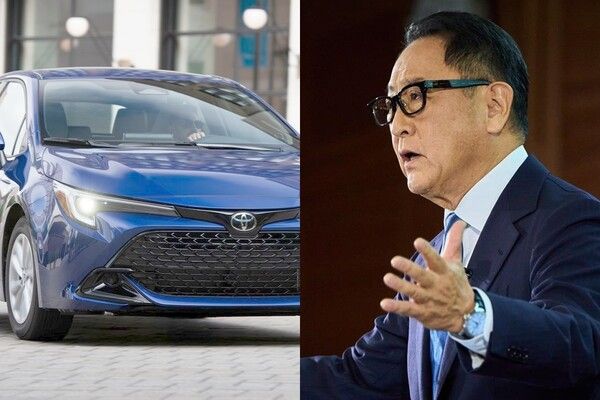 ▲토요타 코롤라와 토요다 아키오 대표이사 회장(사진=토요타)