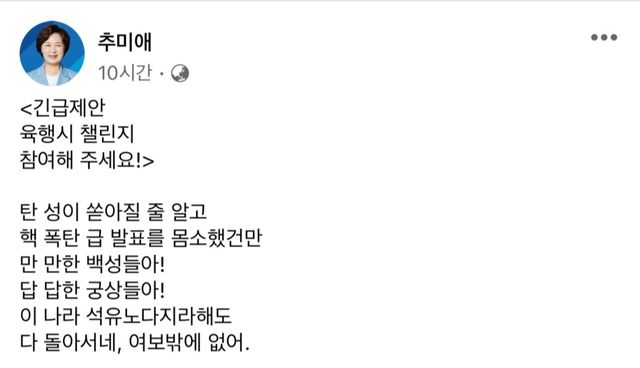 ▲추미애 의원의 글(사진=추미애 SNS)