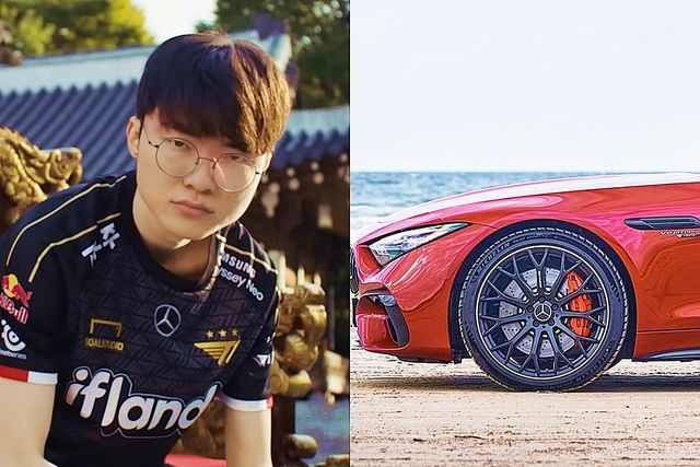 ▲'페이커' 이상혁 선수와 메르세데스-벤츠 SL(사진=유튜브 'LoL Esports', 메르세데스-벤츠)