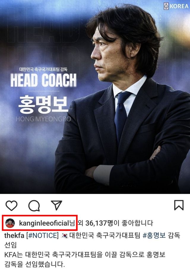 ▲홍명보 축구 대표팀 감독 오피셜 SNS 글에 좋아요 누른 이강인 (사진=온라인 커뮤니티)