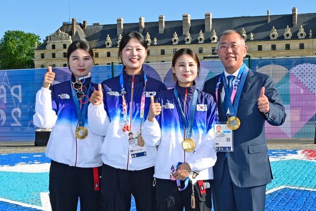 ▲정의선 현대차그룹 회장과 대한민국 양궁 여자 국가대표팀(사진=현대차그룹)