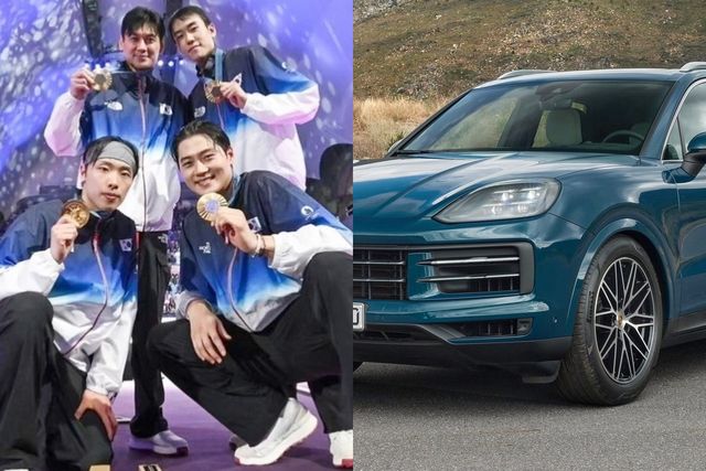 ▲사브르 우승 후 금메달 촬영 모습, 포르쉐 카이엔(사진=오상욱 SNS, 포르쉐)