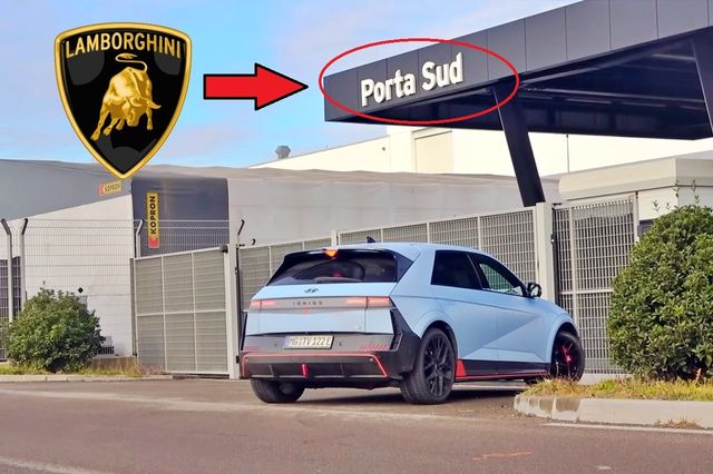 ▲람보르기니 공장 안으로 들어가는 현대 아이오닉 5 N(사진원본=유튜브 'Varryx', 오토트리뷴 편집)