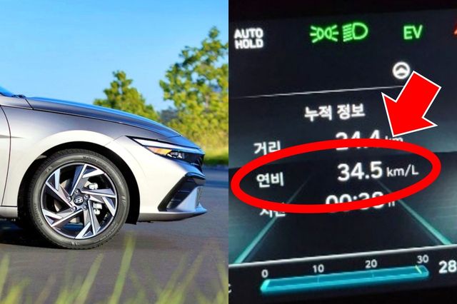 실연비 34.5km/L를 기록한 아반떼 하이브리드 /사진=현대차, 클리앙