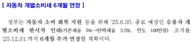 2025년 12월 31일까지 연장된 자동차 개별소비세 인하 혜택. 그 이후로는 결정된 것이 없다. /사진=대한민국 정책브리핑