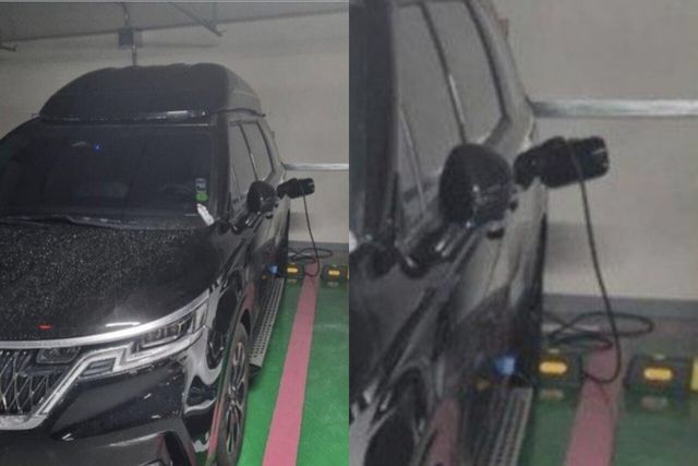 전기차로 위장해 충전기를 꼽아둔 기아 카니발 /사진=보배드림