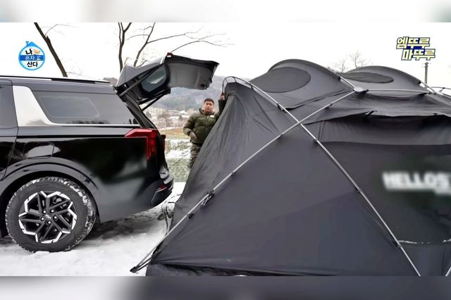 ▲텐트 고정을 위해 카니발에 끈을 묶고 있는 이장우(사진=유튜브 '엠뚜루마뚜루 : MBC 공식 종합 채널')