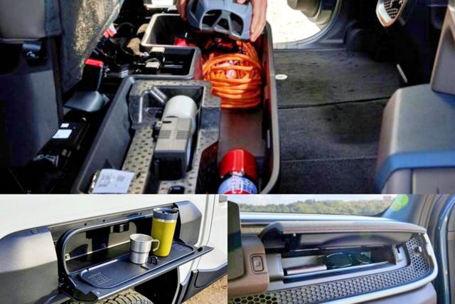 ▲타스만 내 수납 공간. 2열 시트 아래 스토리지(위)와 사이드 스토리지(좌하단), 크래시패드 스토리지(우하단)(사진원본=기아, 오토트리뷴 편집)