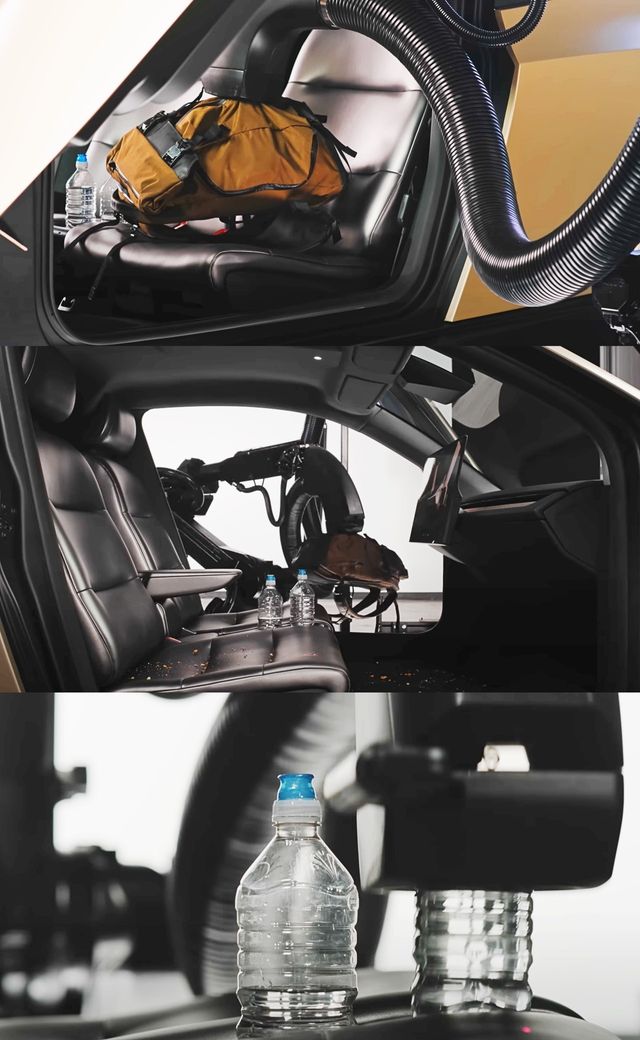 ▲고객이 두고 간 가방을 제거하는 장면 (위, 가운데) 컵홀더에서 물병을 제거하는 장면 (아래)(사진=테슬라 유튜브 채널 캡처)